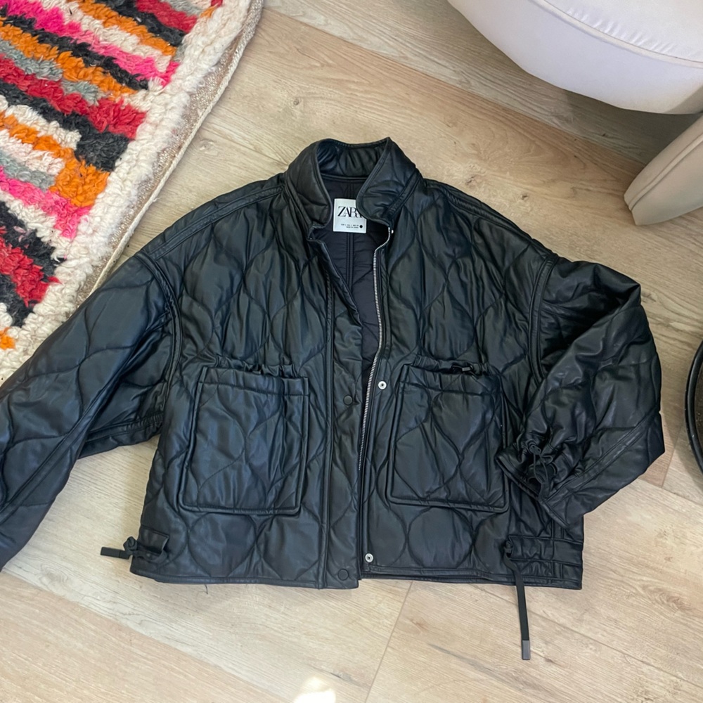 Zara Black Quilted Faux Leather Black Puffer Jacket L